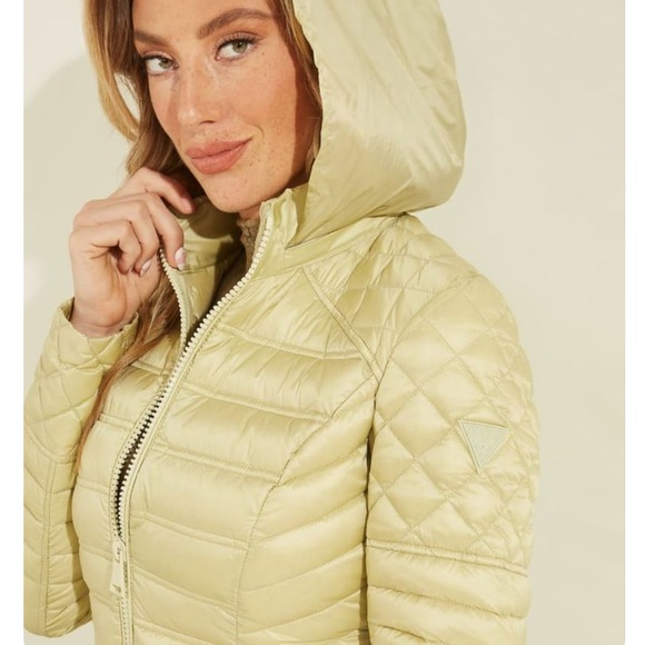 (NEW) GUESS Green Down Filled Quilted Puffer Jacket with Hidden Zippered Hood - Picture 8 of 11